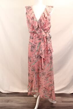 Womens Faux Wrap Ruffle Trim Maxi Dress size S Pink Floral Lined Asymmetric Hem
